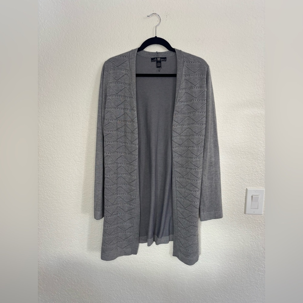 80 Park Cardigan L Gray Open Front Pointelle Chevron Longline Sweater